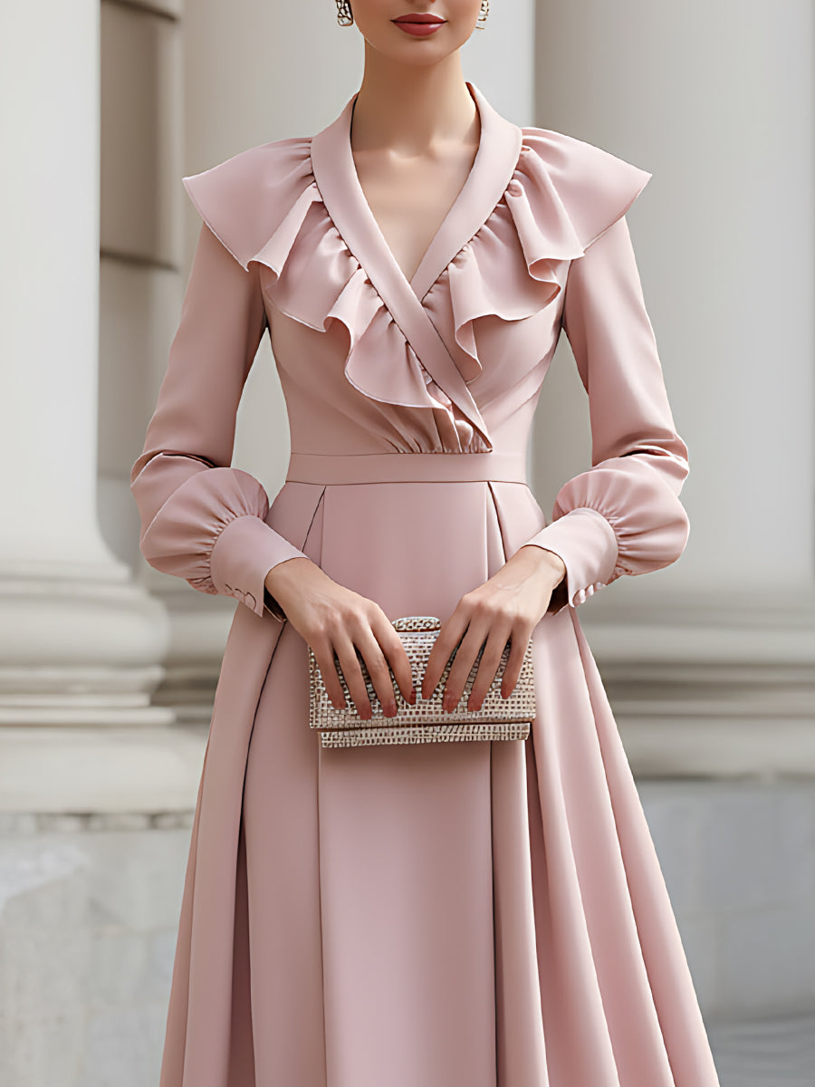 Ruffled Wrap-Neck Long Sleeve Midi Dress