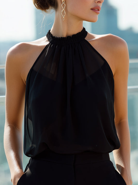Black Halter Neck Chiffon Sleeveless Top