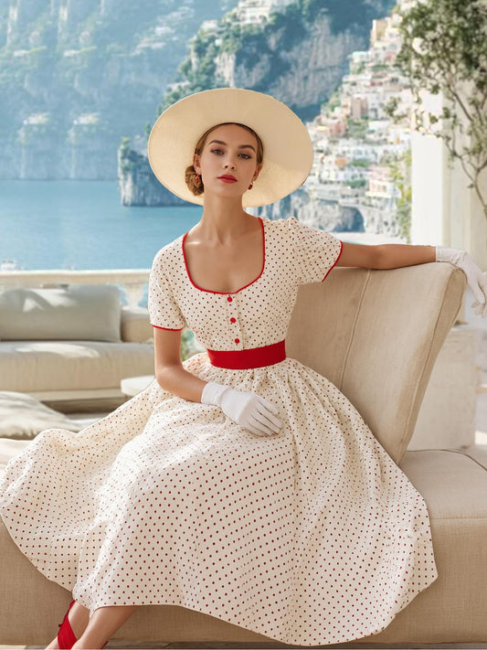 Cotton Maxi Dress, Short Sleeve, Square neck, Polka Dots, Vintage, White，Pure cotton