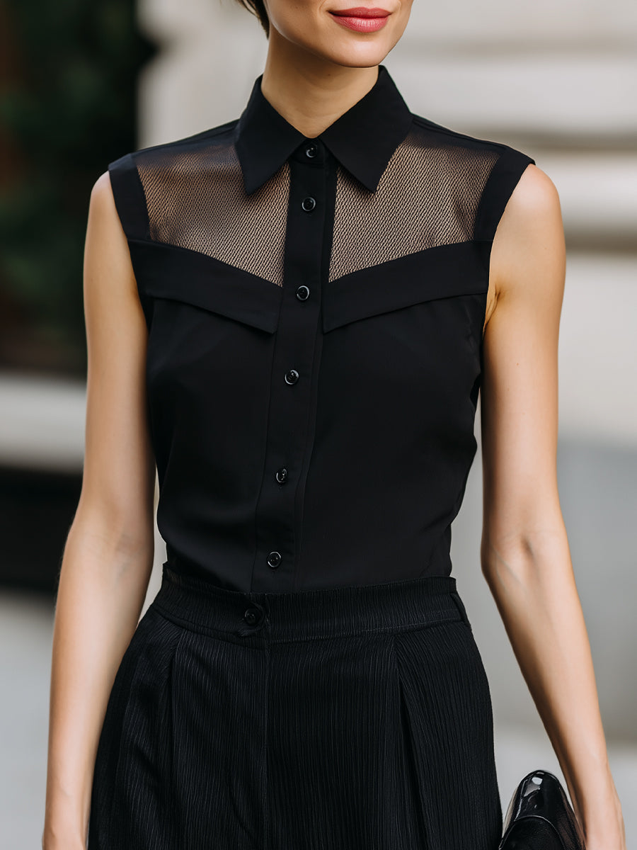 Sleeveless Mesh Panel Button-Up Blouse