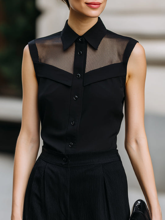 Sleeveless Mesh Panel Button-Up Blouse