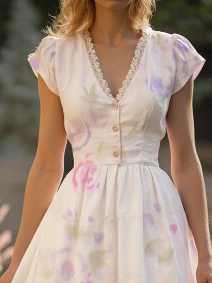 Linen Maxi Dress, Short Sleeve, Lace Collar, Floral, Vintage, White