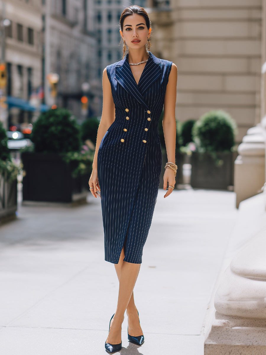 Sophisticated Pinstripe Sleeveless Double-Breasted Midi Blazer Dress