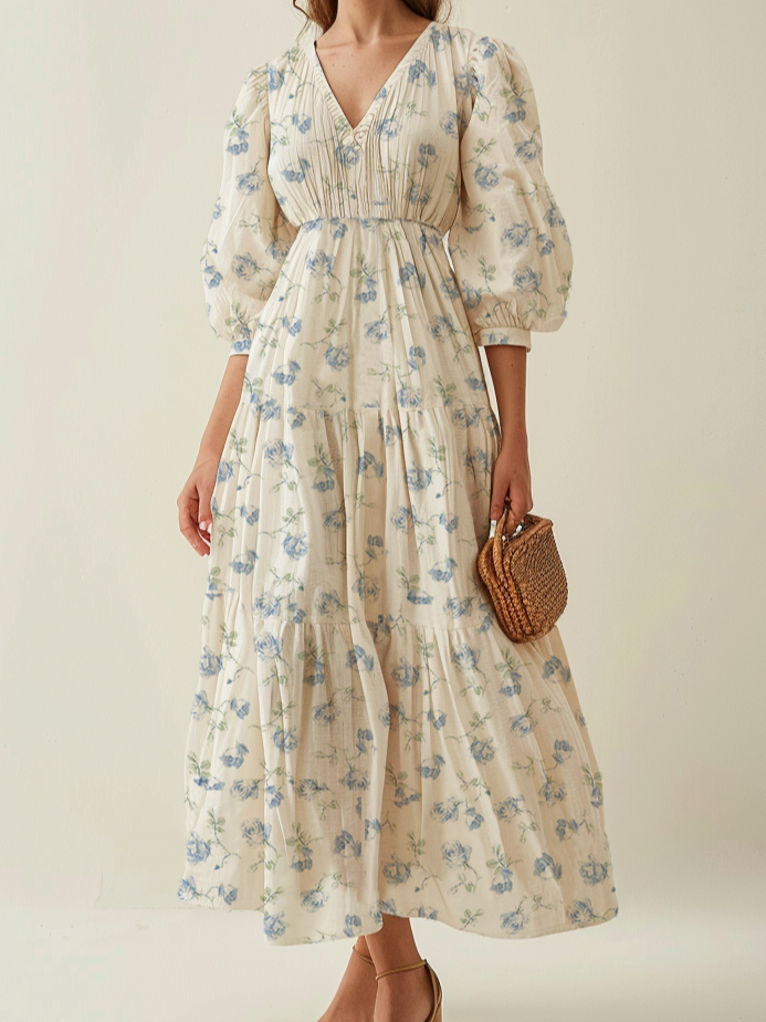 (Size Up to 2XL) Maxi Linen Dress, 3/4 Sleeves, V Neck, Linen Blend, Blue