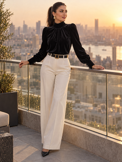 Velvet Mock Neck Gathered Puff Sleeve Blouse