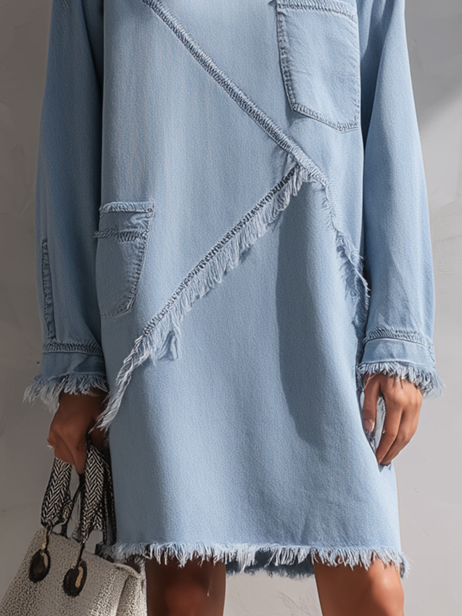 Light Blue Raw-Edge Denim Mini Dress