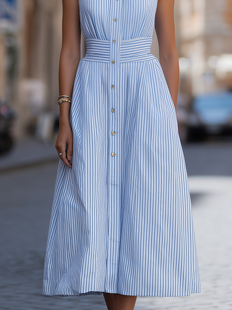 Riviera Elegance: Sleeveless Halter Striped Midi Shirtdress With Cinched Waist