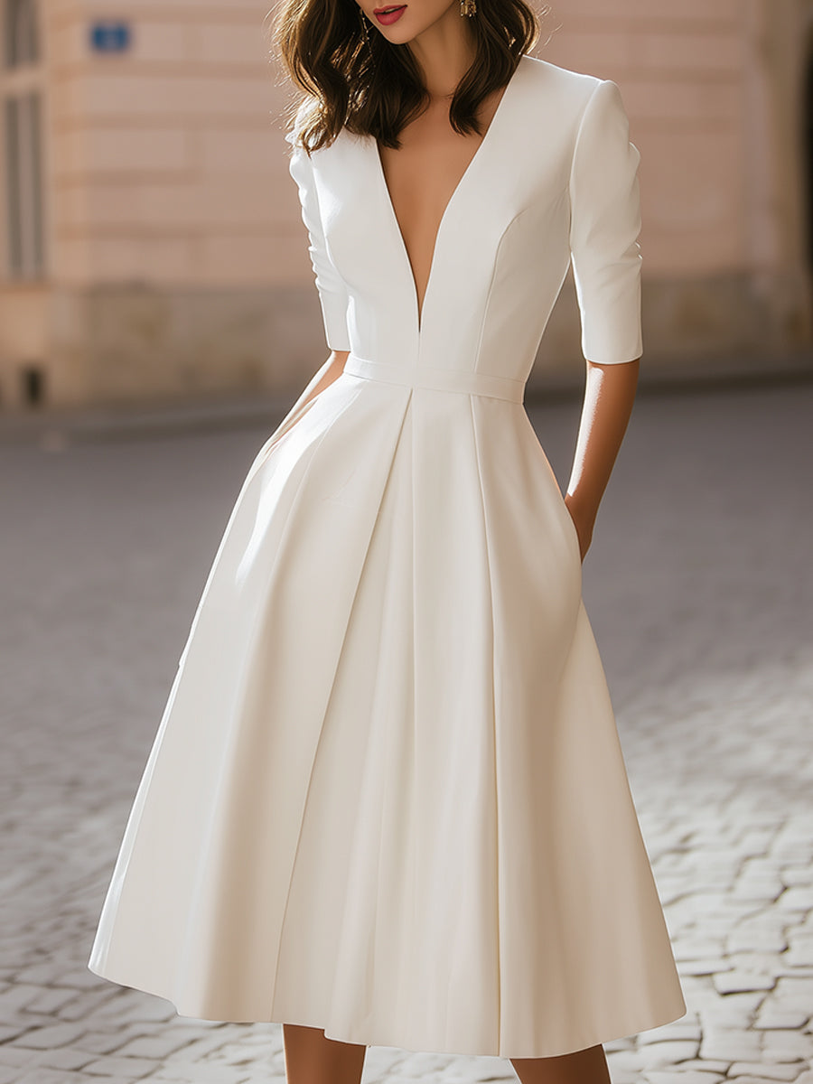 Elegant Deep V-Neck Pleated A-Line Midi Dress