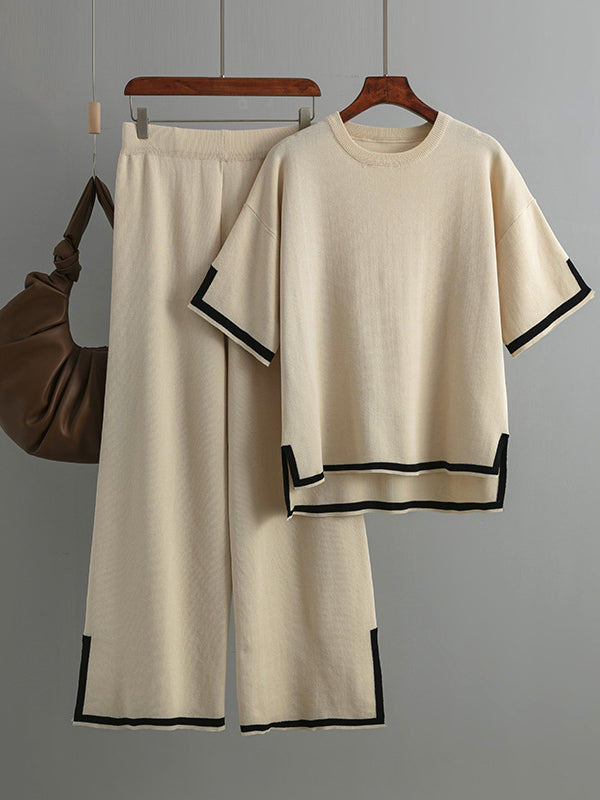 Elegant Contrast Color Split Short-Sleeved Sweater Trousers Two-Piece Set