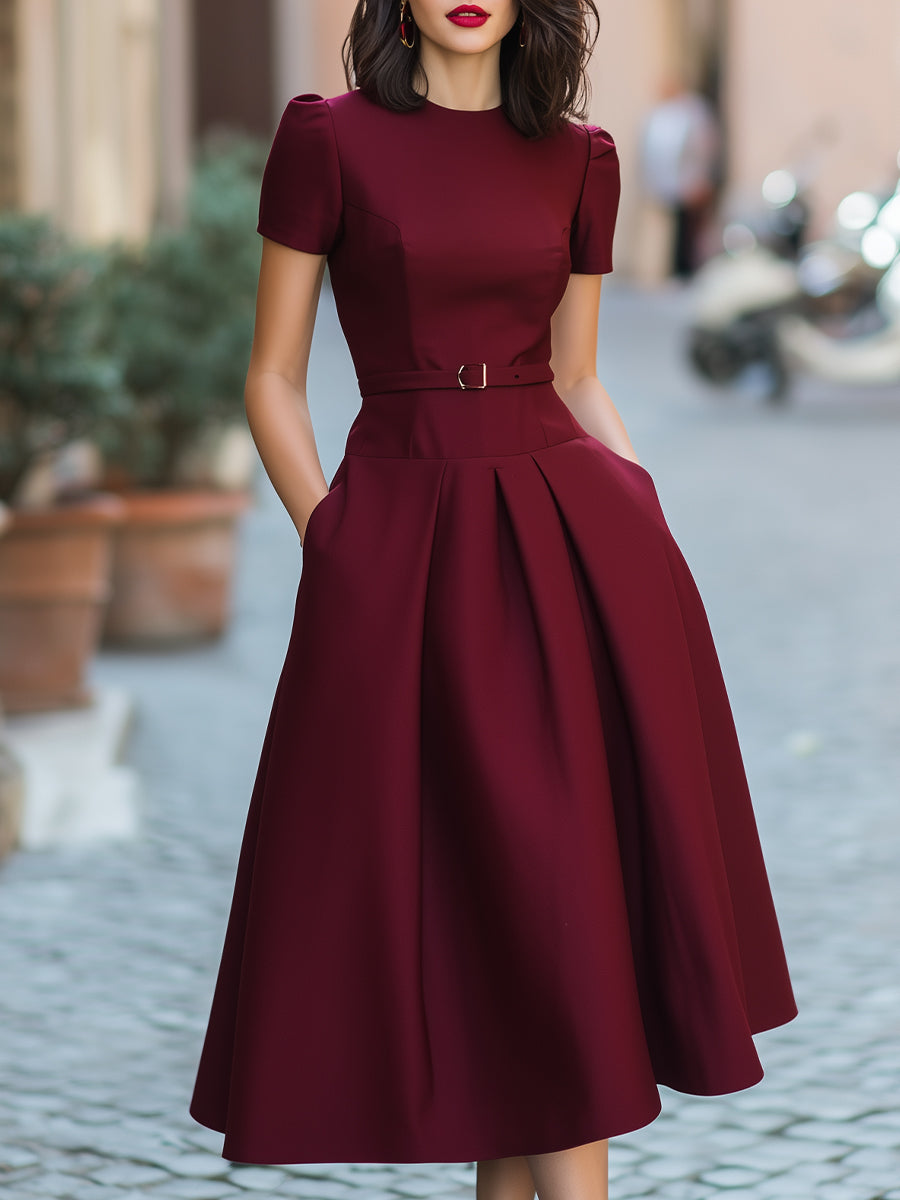 Elegant Belted Low-waisted Midi Dress With Short Sleeves