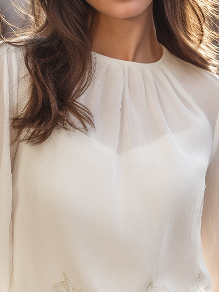 Elegant Print Sheer-Sleeve Blouse
