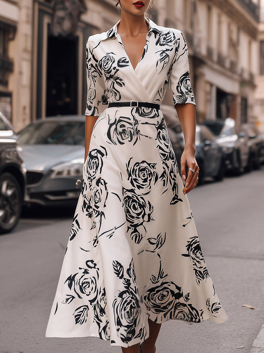 Elegant IRose Print Belted Wrap Midi Dress