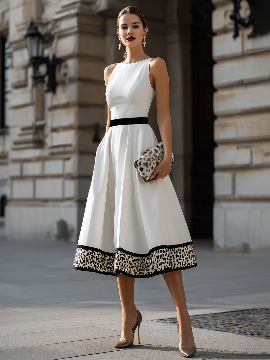 Contrast Waist Leopard Hem A-Line Midi Dress