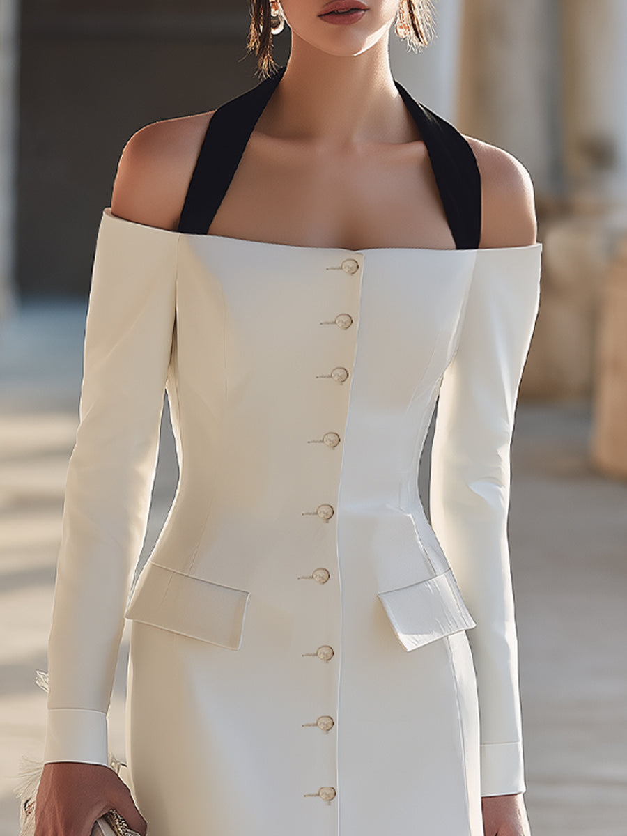 Off-Shoulder Halter-Neck Buttoned Tailored Mini Dress