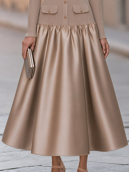 Elegant Ribbed-Knit And Satin Midi Dress With Belt