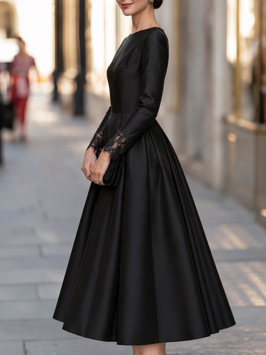 Lace Cuff Long Sleeve Pleated A-Line Midi Dress