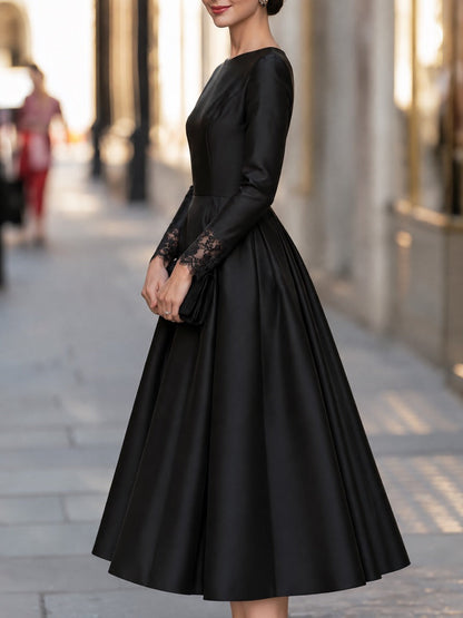 Lace Cuff Long Sleeve Pleated A-Line Midi Dress