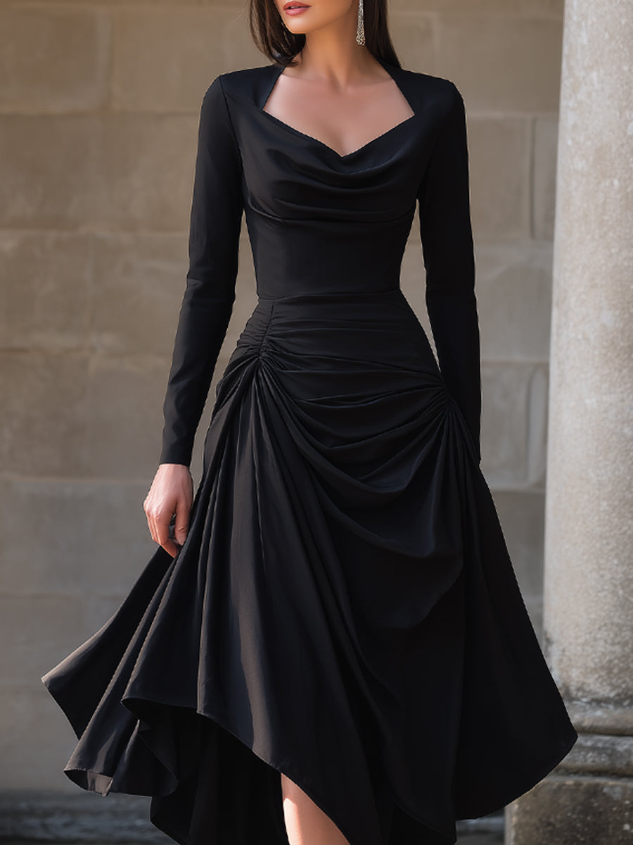 Draped Asymmetric Midi Dress With Sculpted Waist