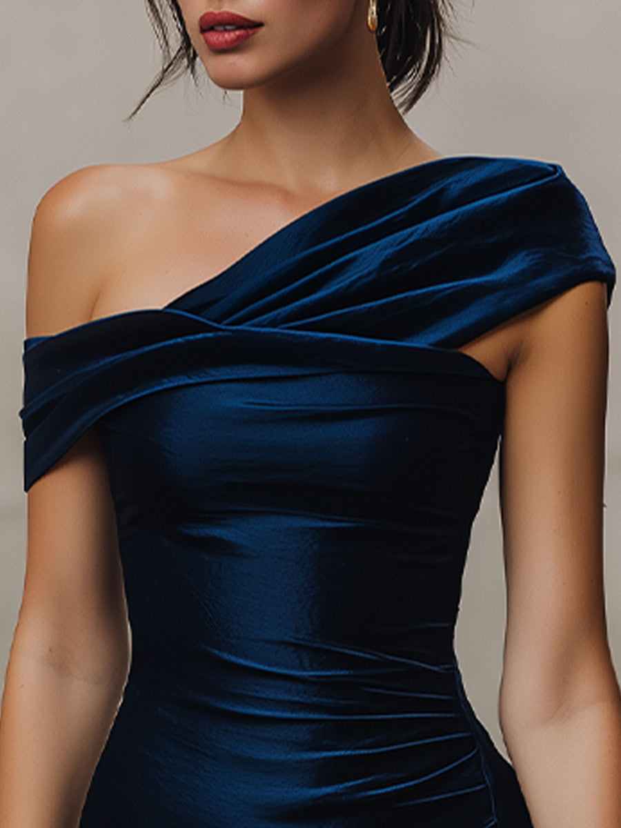 Midnight Asymmetrical Ruched Midi Dress