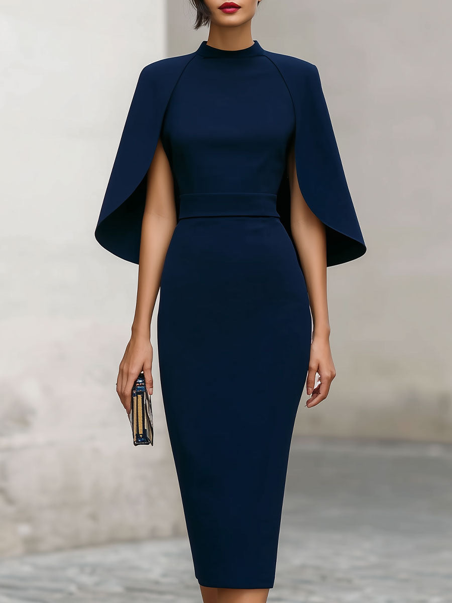 Elegant Navy Cape-Sleeve Midi Dress
