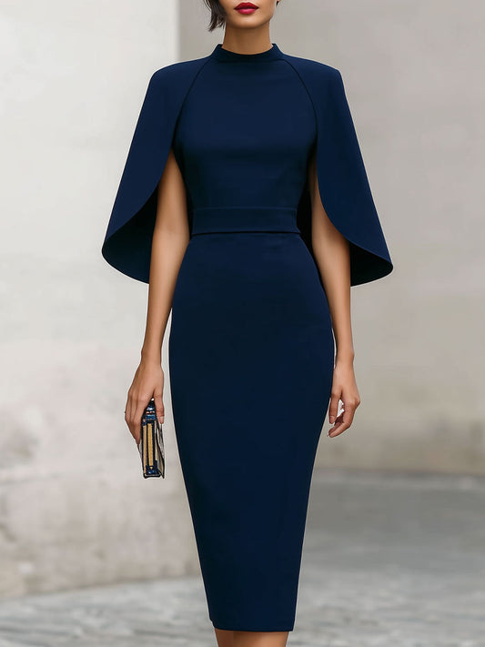 Elegant Navy Cape-Sleeve Midi Dress