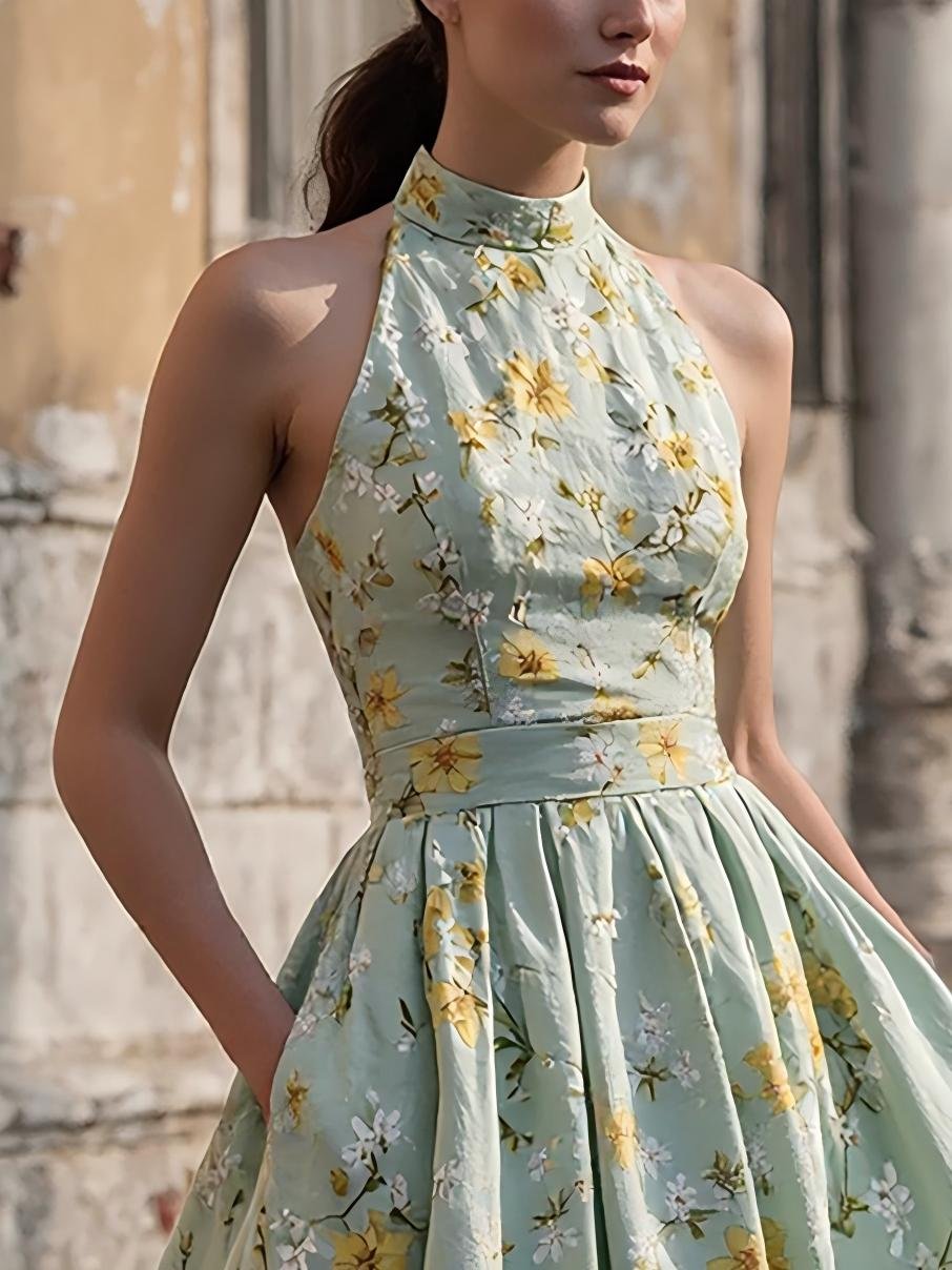 Midi Linen Dress , Sleeveless, Halter, Floral, Pocket Design, Vacation, Vintage, Aqua