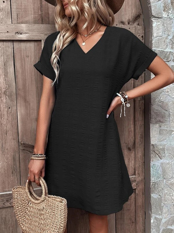 Fashion Sexy Slim V-neck Solid Color Short Sleeve Dress