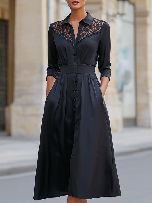 Lace Panel Button-Front Shirt Midi Dress
