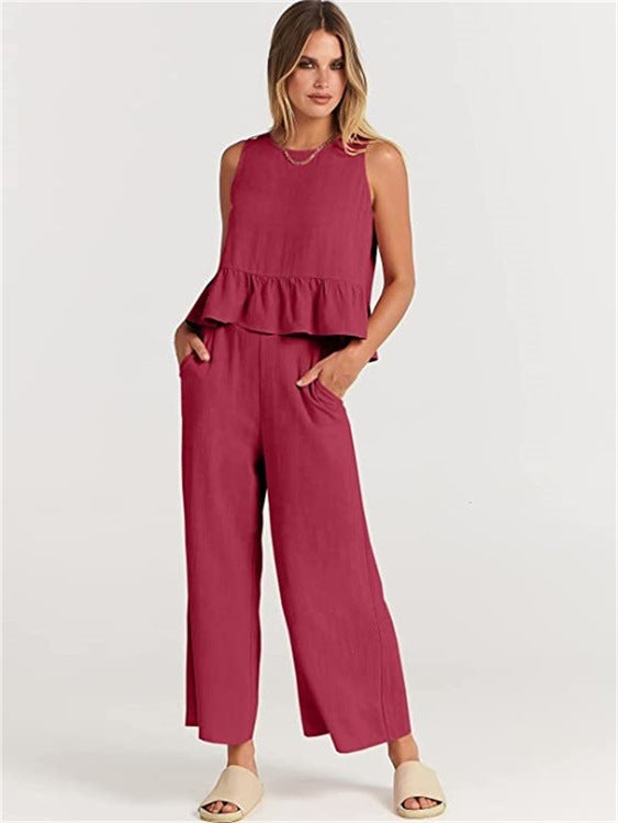 Sleeveless Pleated Vest Wide-Leg Cropped Pants Casual Suit