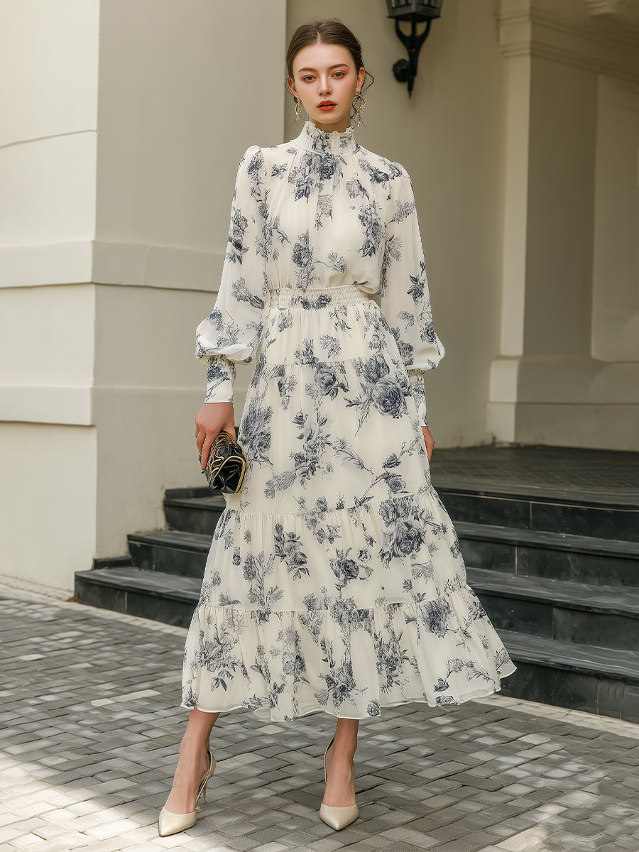 High Neck Tiered Floral Midi Dress