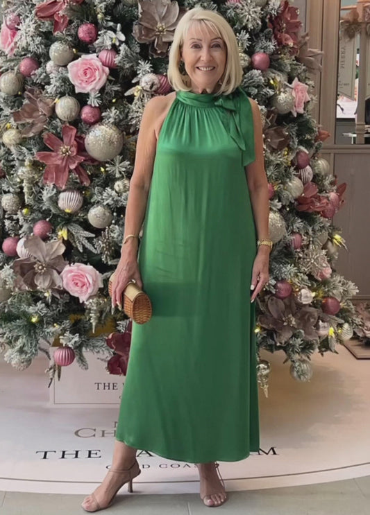 Green Half Turtleneck Bow Tunic Maxi Dress