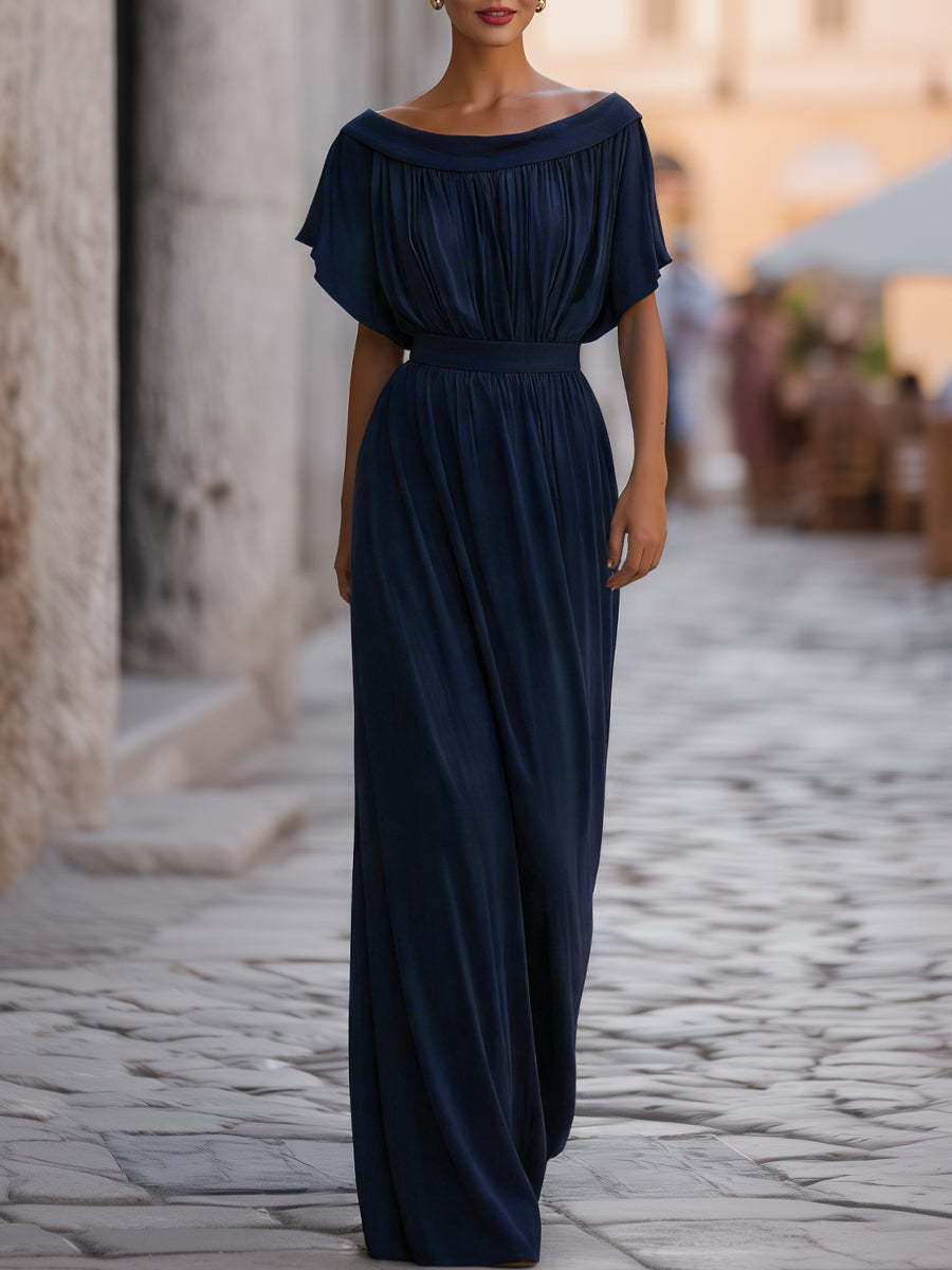 Off-Shoulder Defined Waist Draped Maxi Dress