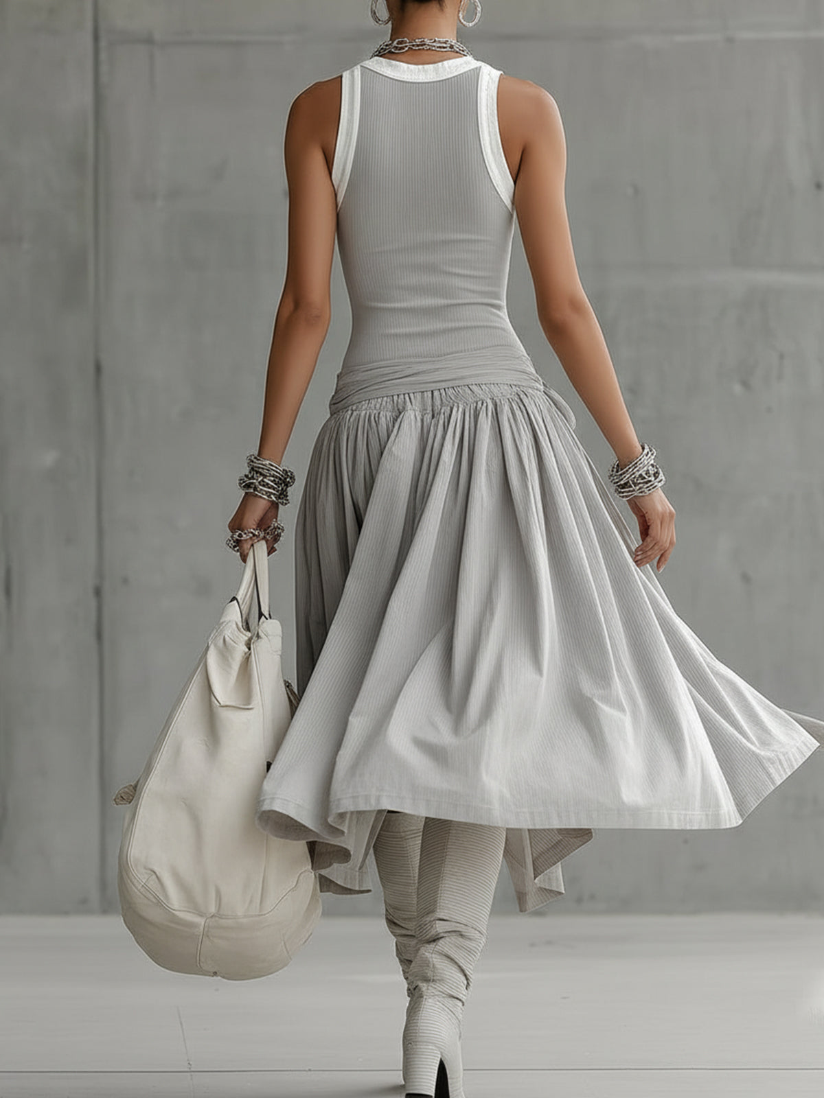Gray Ribbed Tank Bodice Draped Midi Dress