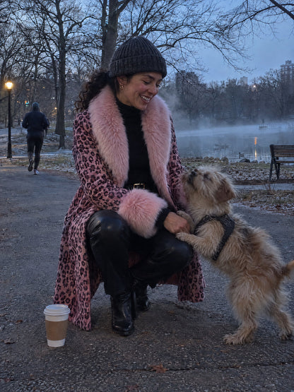 Elegant Pink Leopard Print Faux Fur Long Coat With Fluffy Collar And Cuffs