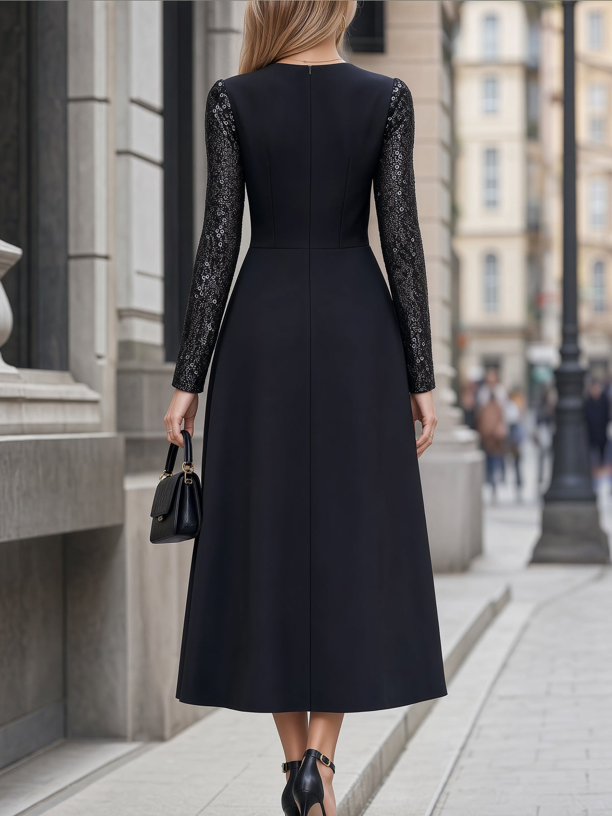 Sequin Sleeve Split-Front Midi Dress
