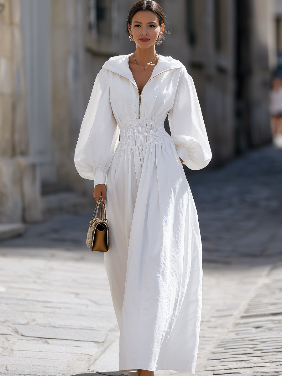 White Smocked Waist Hooded Maxi Dress