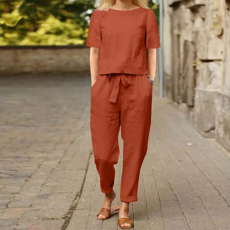 Plus Size Summer Fashion Solid Color Short-Sleeved Trousers Two-Piece Suit (Including Belt)