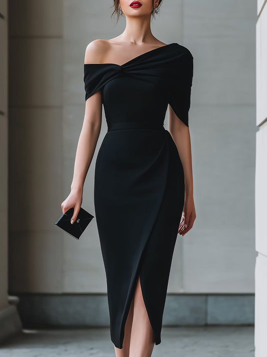 Black Asymmetric Off-Shoulder Midi Dress