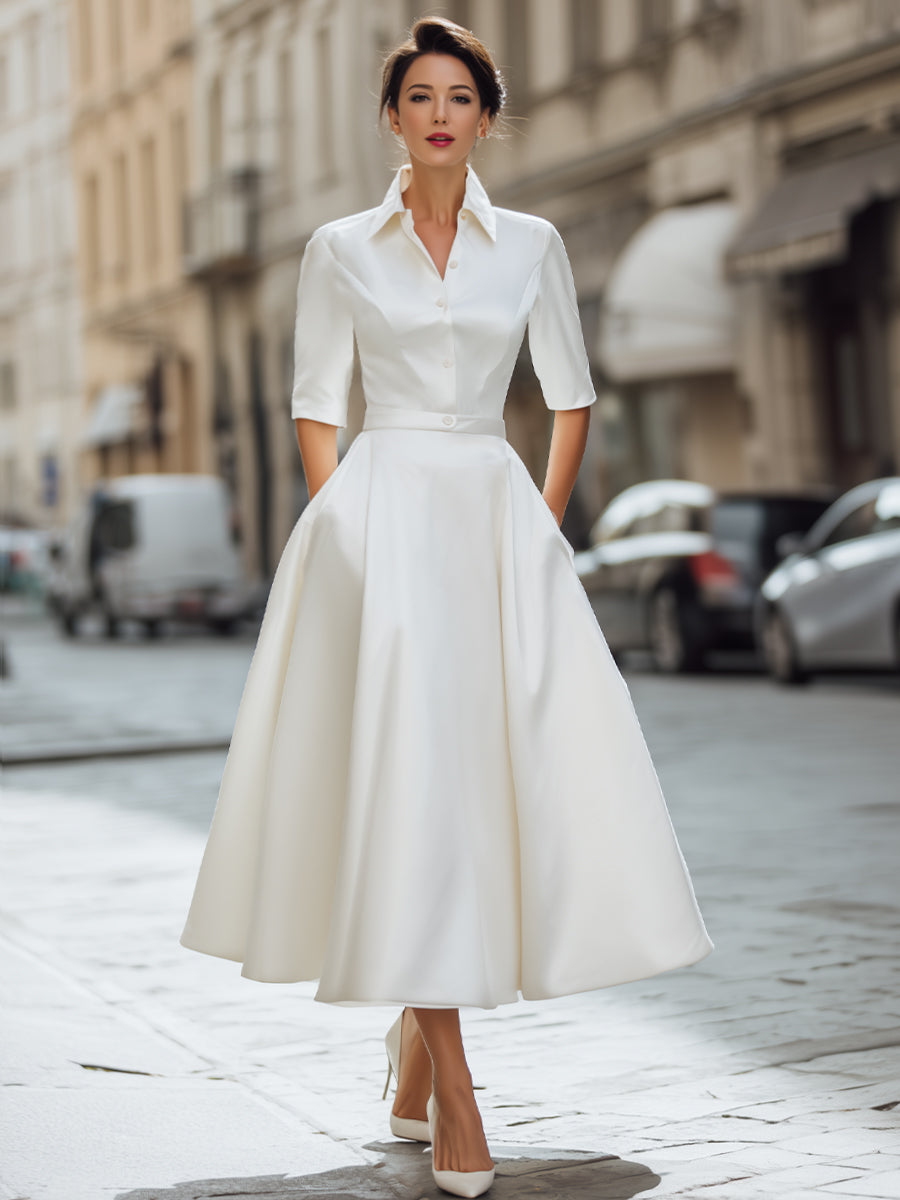 Timeless Ivory Satin Shirt Dress With Front Buttons