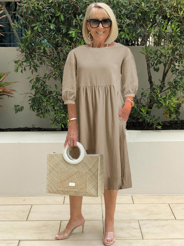 Solid Color Lantern Sleeve Cotton Pocket Midi Tunic Dress