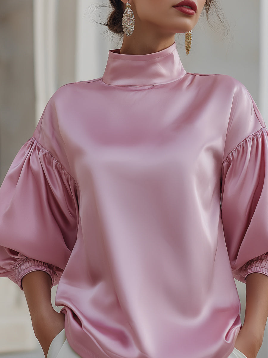 High-Neck Satin Blouse With Voluminous Sleeves
