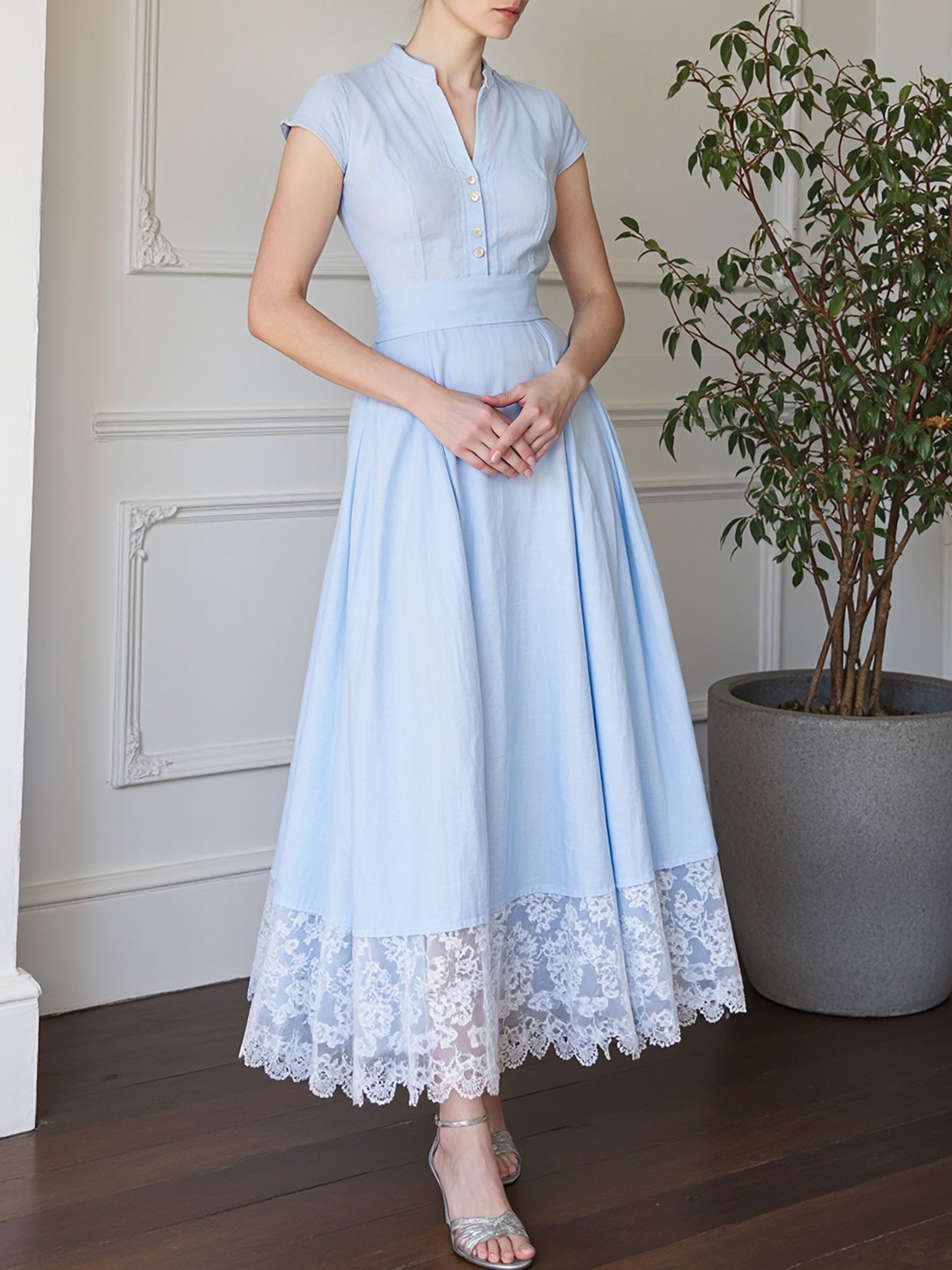 Maxi Cotton Dress , Short Sleeves, V Neck, Plain, Lace, French Vintage, Aqua blue