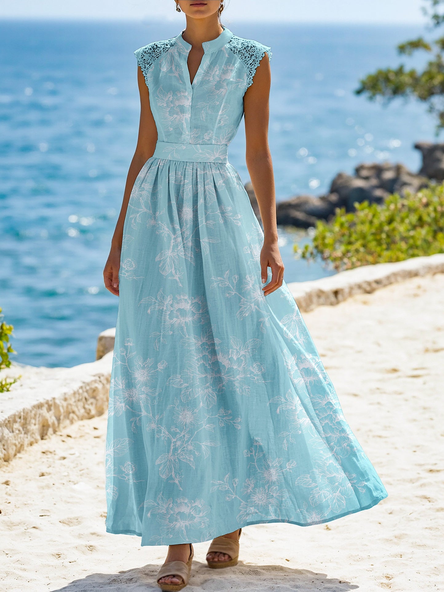 (SIZE:XS-XXL) Maxi Linen Dress , Cap Sleeves, Stand Collar, Floral, Lace, Vintage, Blue