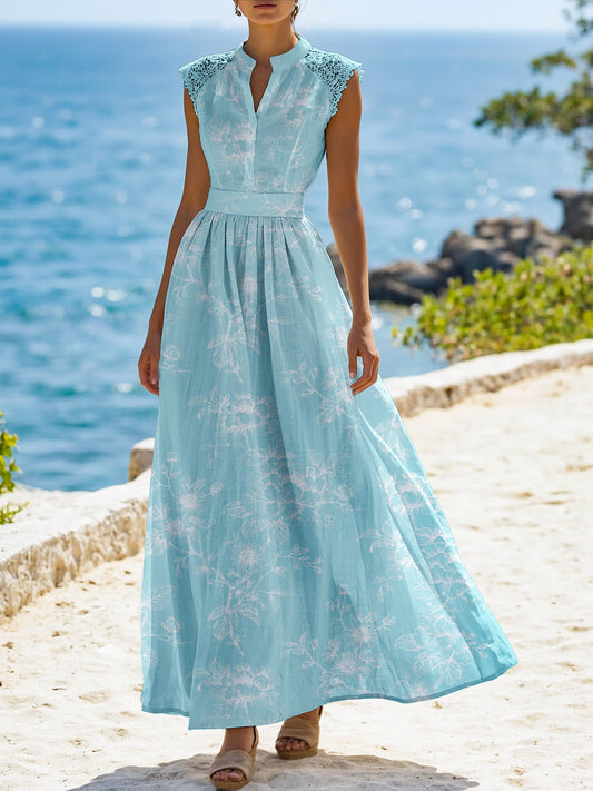 (SIZE:XS-XXL) Maxi Linen Dress , Cap Sleeves, Stand Collar, Floral, Lace, Vintage, Blue
