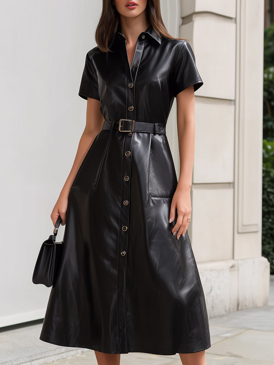 Black Faux Leather Shirt Dress ¨C Belted Midi With Tailored Edge