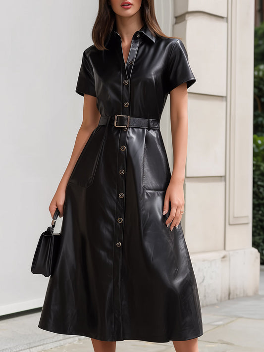 Black Faux Leather Shirt Dress ¨C Belted Midi With Tailored Edge