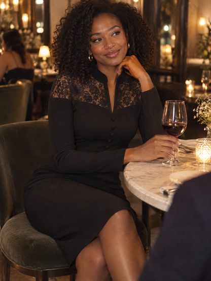 Lace Shoulder Long Sleeve Midi Pencil Dress