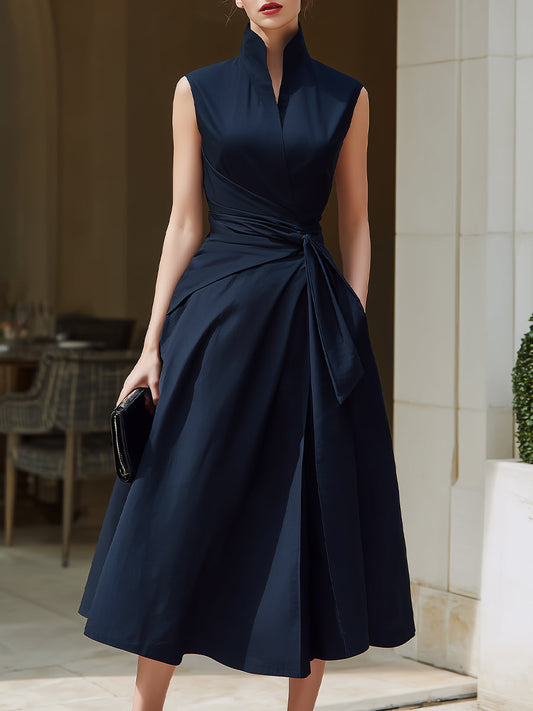 Sleeveless Wrap Midi Dress With Structured Stand Collar