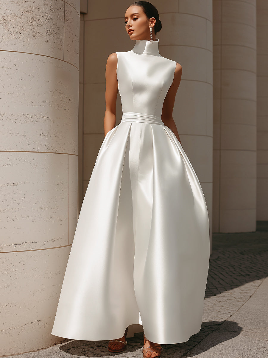 Ethereal High-Neck Sleeveless Satin A-Line Evening Gown