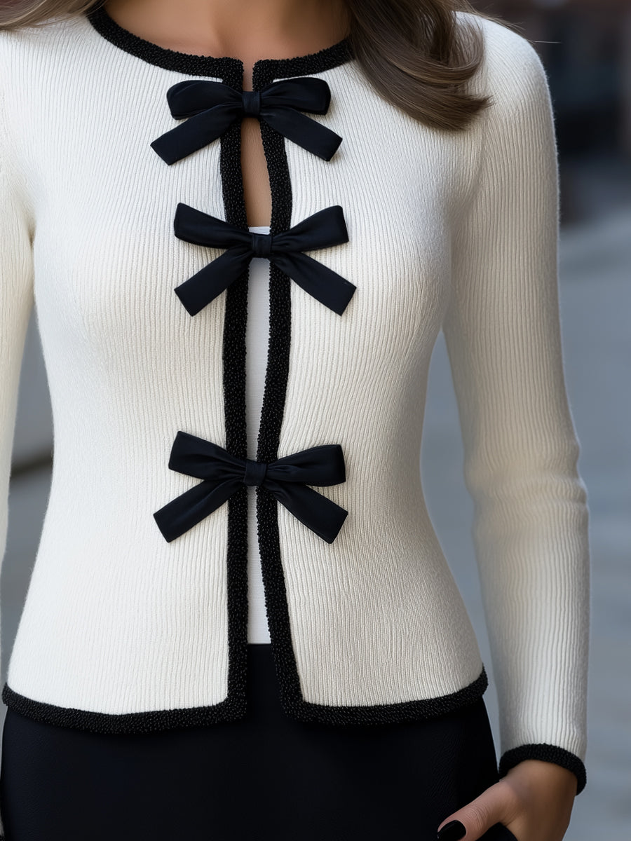 Knit Bow-Front Cardigan With Black Trim